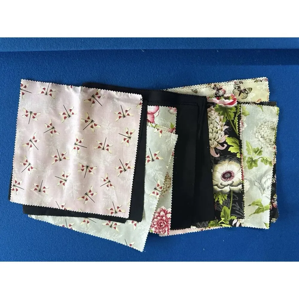 Lot of Black Pink Green Patchwork Quilt Blocks Handmade squares Quilting Strips.